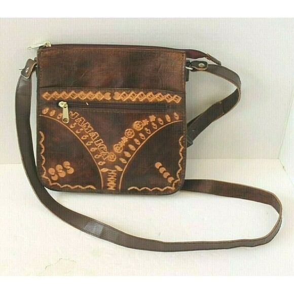 Vintage Tooled Embossed Leather Jamaica Crossbody Purse Adjustable Strap - Picture 1 of 5
